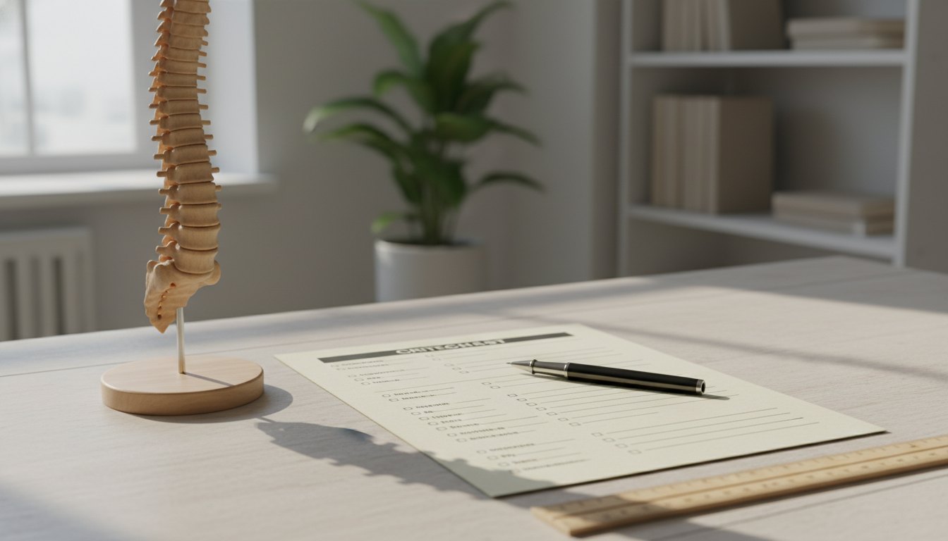 Reference-style desk with criteria checklist and spine model